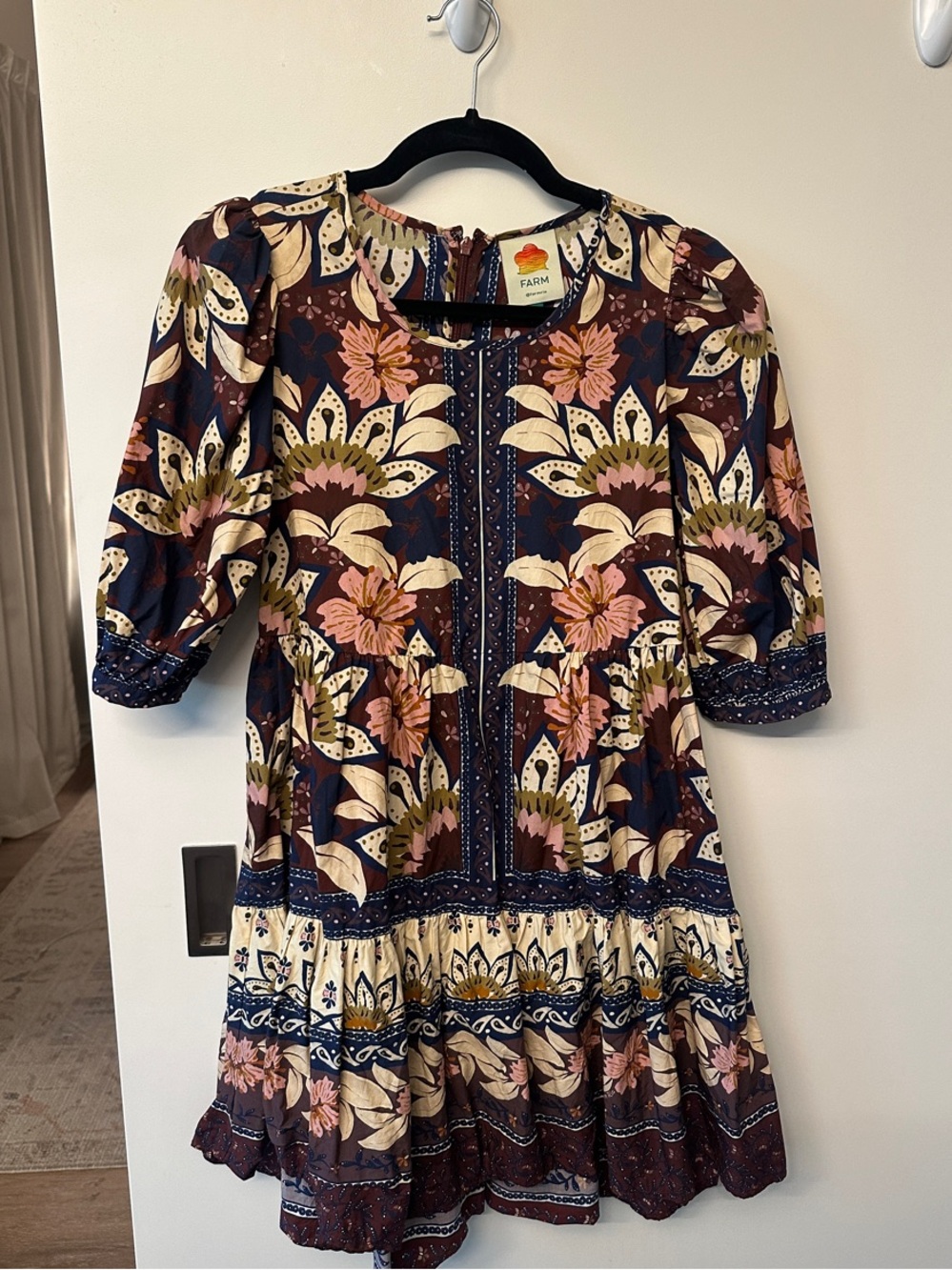 Farm Rio Floral Boho Short Dress in Navy and Pink